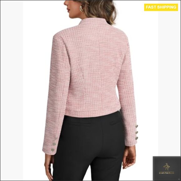 Tweed Plaid Cropped Blazer Open Front Stand Collar Work Office Jacket - Picture 5 of 7